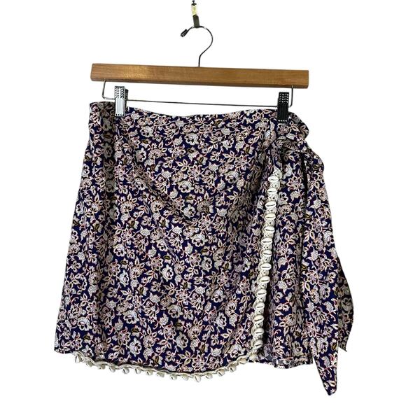 Zara Wrap Mini Skirt Womens S Navy Floral Shell Trim Boho Beachy Cottagecore - Picture 4 of 7